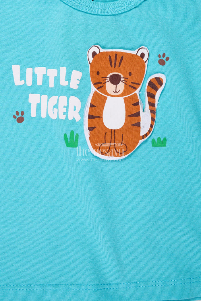 The Nesavu Boys Casual Set Boys Cotton Cat Print T Shirt and Set in Teal Blue with Printed White Shorts for Everyday Summer Style Nesavu Nesavu Boys Cotton Cat Print T Shirt Shorts Set Cartoon Animal Prints Fun Daily Wear