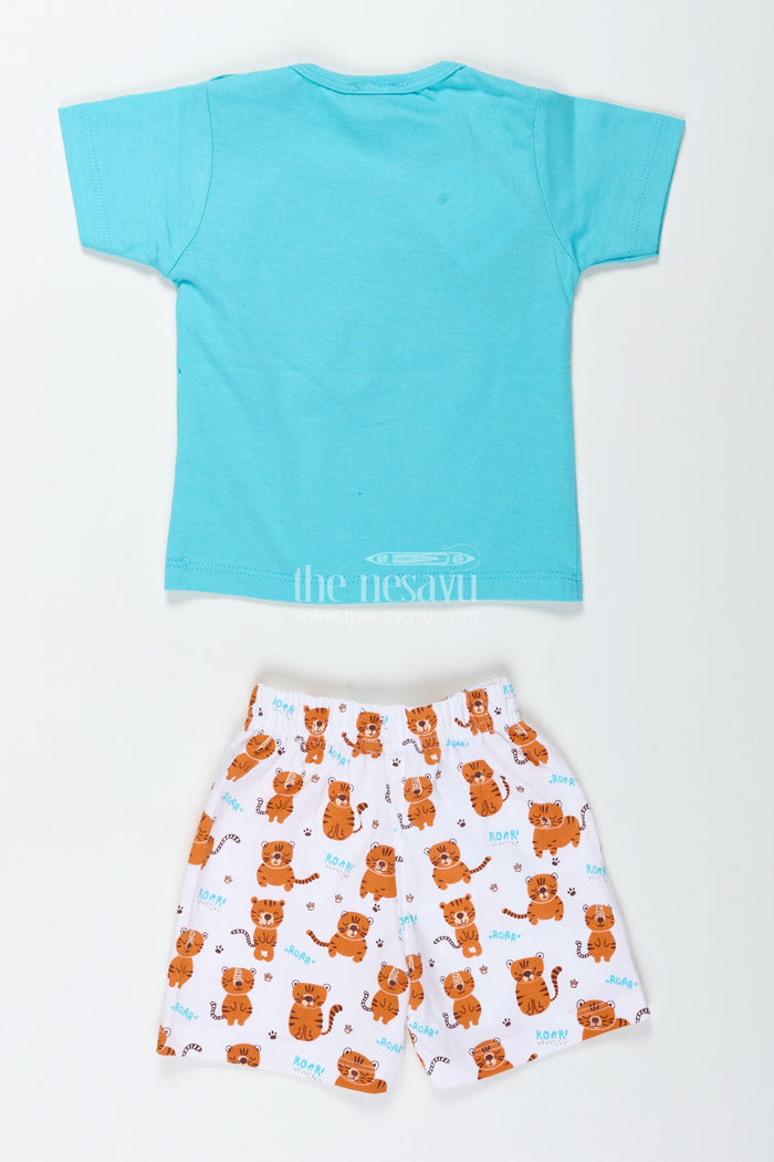 The Nesavu Boys Casual Set Boys Cotton Cat Print T Shirt and Set in Teal Blue with Printed White Shorts for Everyday Summer Style Nesavu Nesavu Boys Cotton Cat Print T Shirt Shorts Set Cartoon Animal Prints Fun Daily Wear