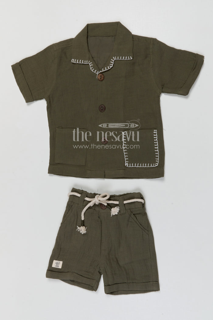 The Nesavu Boys Casual Set Boys Cotton Co Ord Set for Summer Outings and Everyday Wear Nesavu 16 (1Y) / Green / Muslin Cotton BCS418B-16 Nesavu boys cotton co ord set for summer outings and daily wear with breathable muslin fabric comfort fit