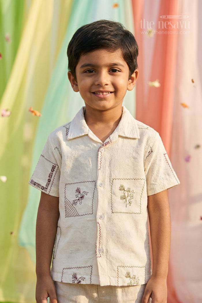 The Nesavu Boys Cotton Shirt Boys Cotton Dobby Embroidered Shirt for Festive Occasions and Traditional Outings Nesavu 20 (3Y) / Half white / Cotton BS417A-20 Nesavu boys cotton dobby embroidered shirt for festive occasions and traditional events