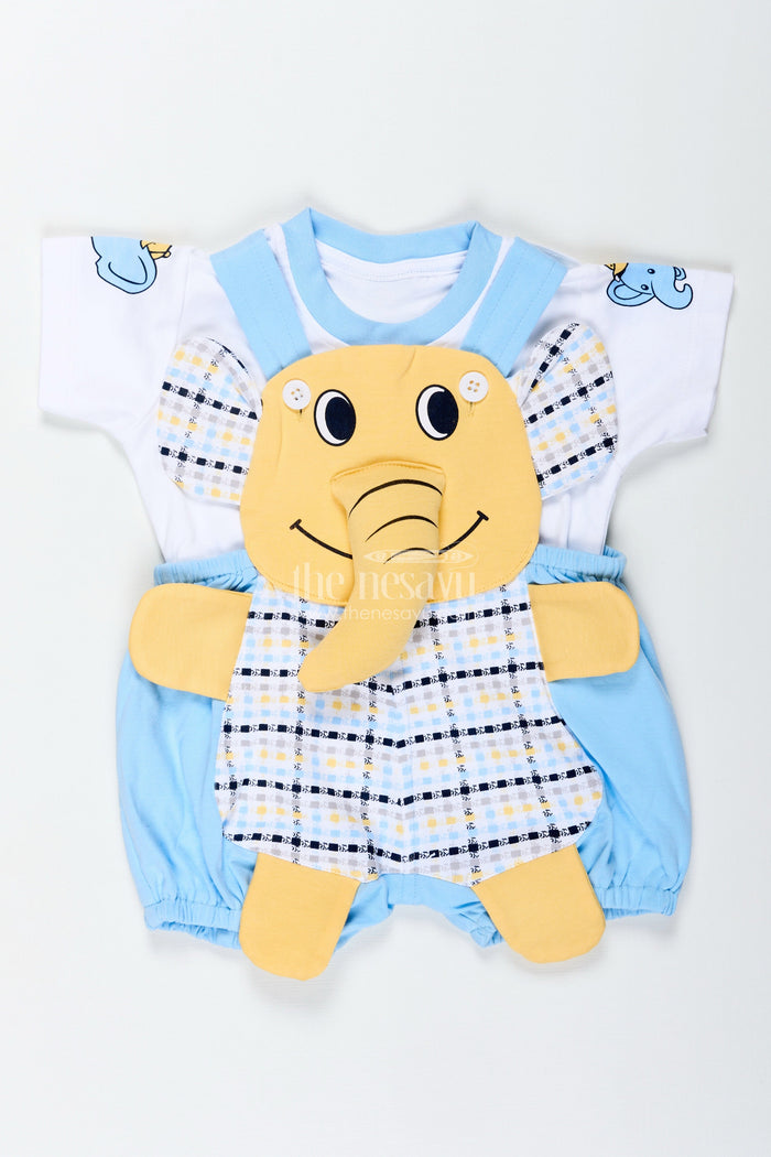 The Nesavu Boys Casual Set Boys Cotton Elephant Newbaby Outfit with Blue Checkered Overalls and Cute Character Applique Nesavu 14 (6M) / Blue BCS280B-14 Nesavu Boys Cotton Blue Elephant Newbaby Outfit Checkered Overalls Soft Tee