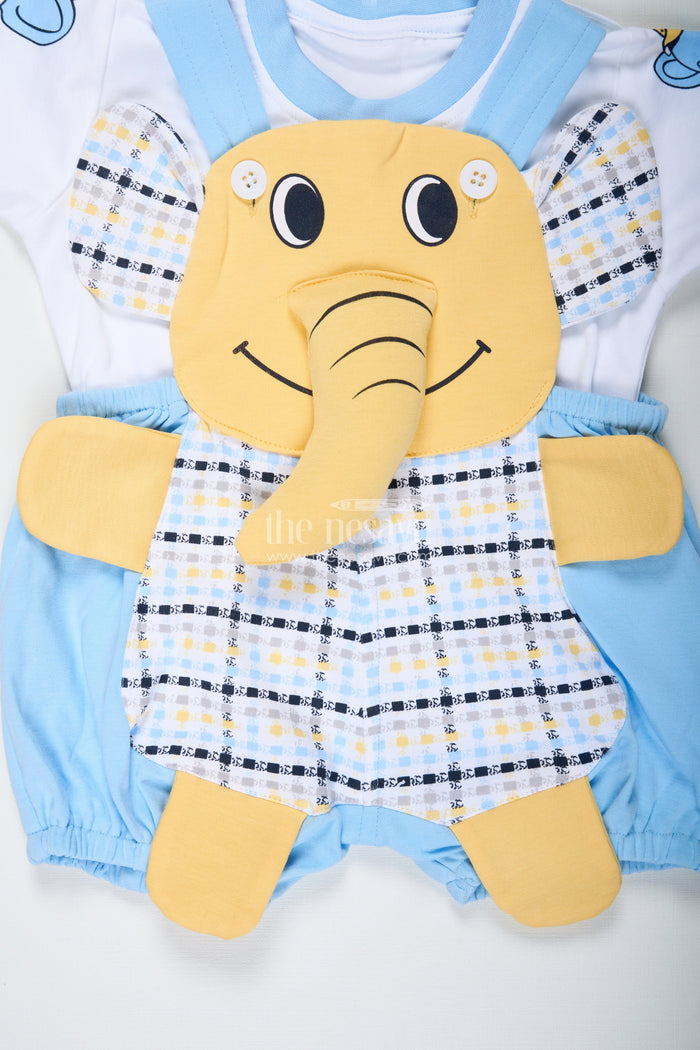 The Nesavu Boys Casual Set Boys Cotton Elephant Newbaby Outfit with Blue Checkered Overalls and Cute Character Applique Nesavu Nesavu Boys Cotton Blue Elephant Newbaby Outfit Checkered Overalls Soft Tee