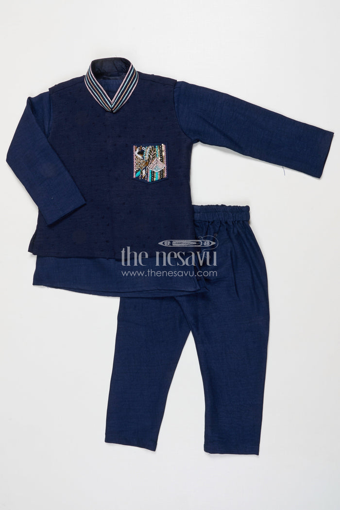 The Nesavu Boys Jacket Sets Boys Cotton Jacket Set for Festive Functions and Wedding Receptions Nesavu 18 (2Y) / Blue BES735B-18 Nesavu boys cotton jacket kurta set for festive functions and traditional ceremonies