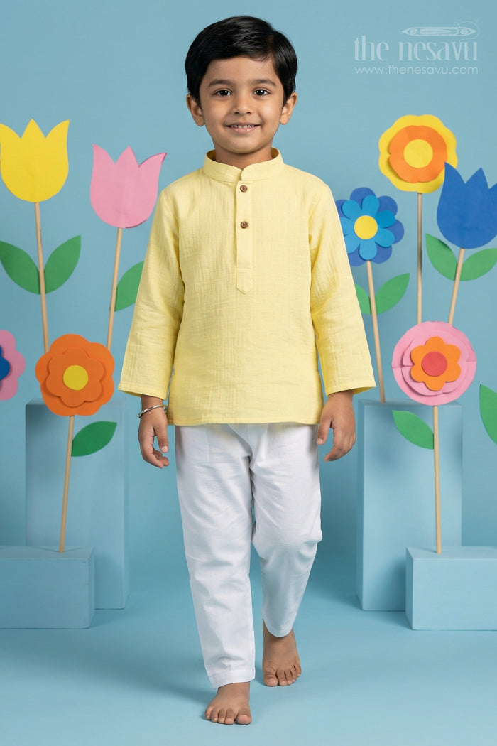 The Nesavu Boys Casual Set Boys Cotton Kurta Set for Festive Outings and Family Visits Nesavu 12 (3M) / Yellow / Muslin Cotton BCS575B-12 Nesavu boys muslin cotton kurta set for festive outings and traditional family gatherings