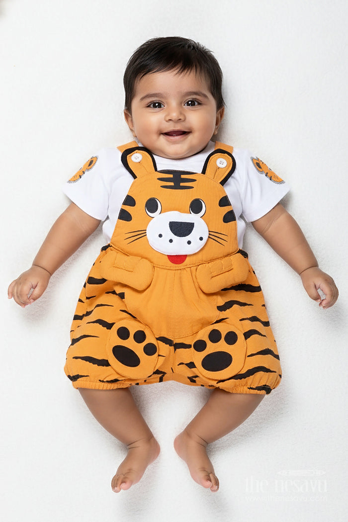 The Nesavu Boys Casual Set Boys Cotton Orange Shirt and Short Sets with Animal Face Dungaree and Printed T Shirt for Toddler Style Nesavu 14 (6M) / Orange BCS278B-14 Nesavu Boys Orange Cotton Shirt Short Sets Animal Printed Dungaree White T Shirt
