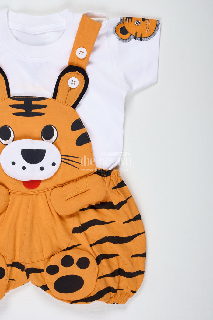 The Nesavu Boys Casual Set Boys Cotton Orange Shirt and Short Sets with Animal Face Dungaree and Printed T Shirt for Toddler Style Nesavu Nesavu Boys Orange Cotton Shirt Short Sets Animal Printed Dungaree White T Shirt