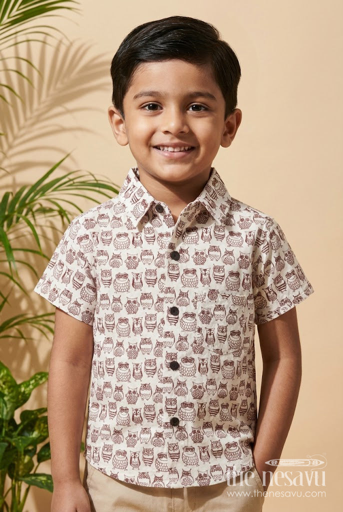 The Nesavu Boys Cotton Shirt Boys Cotton Owl Print Shirt for Quirky Casual Days Nesavu 20 (3Y) / Brown BS384A-20 Nesavu boys cotton shirt with quirky owl print – breathable and playful everyday wear