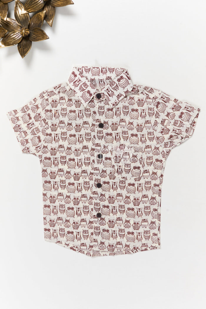 The Nesavu Boys Cotton Shirt Boys Cotton Owl Print Shirt for Quirky Casual Days Nesavu 20 (3Y) / Brown BS384A-20 Nesavu boys cotton shirt with quirky owl print – breathable and playful everyday wear