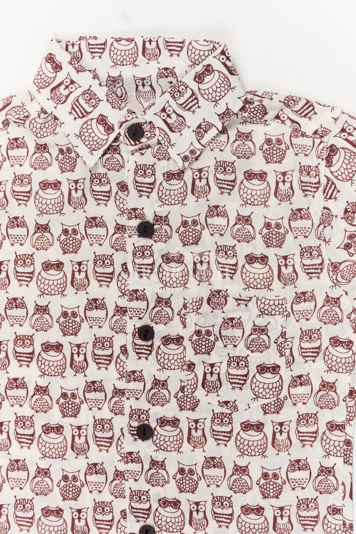 The Nesavu Boys Cotton Shirt Boys Cotton Owl Print Shirt for Quirky Casual Days Nesavu Nesavu boys cotton shirt with quirky owl print – breathable and playful everyday wear