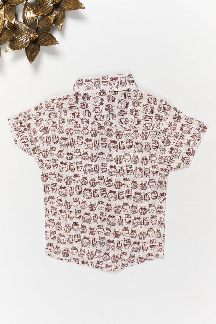 The Nesavu Boys Cotton Shirt Boys Cotton Owl Print Shirt for Quirky Casual Days Nesavu Nesavu boys cotton shirt with quirky owl print – breathable and playful everyday wear