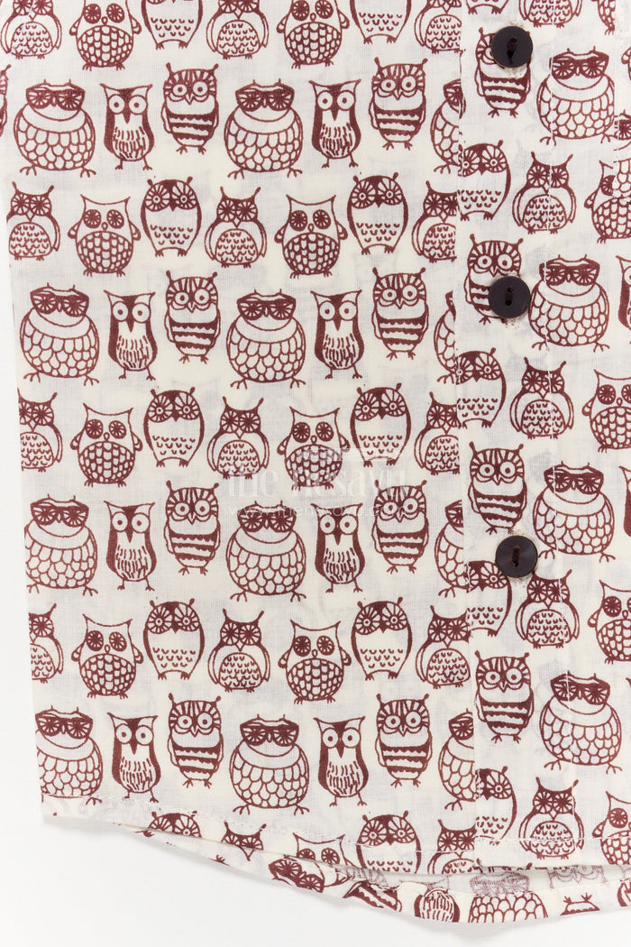 The Nesavu Boys Cotton Shirt Boys Cotton Owl Print Shirt for Quirky Casual Days Nesavu Nesavu boys cotton shirt with quirky owl print – breathable and playful everyday wear