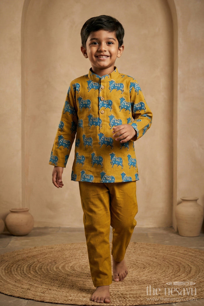 The Nesavu Boys Kurtha Set Boys Cotton Printed Kurta with Traditional Pichwai Motifs and Matching Pants in Mustard Nesavu 12 (3M) / Yellow BES660B-12 Boys Cotton Printed Kurta Traditional Pichwai Motifs Matching Pants | The Nesavu