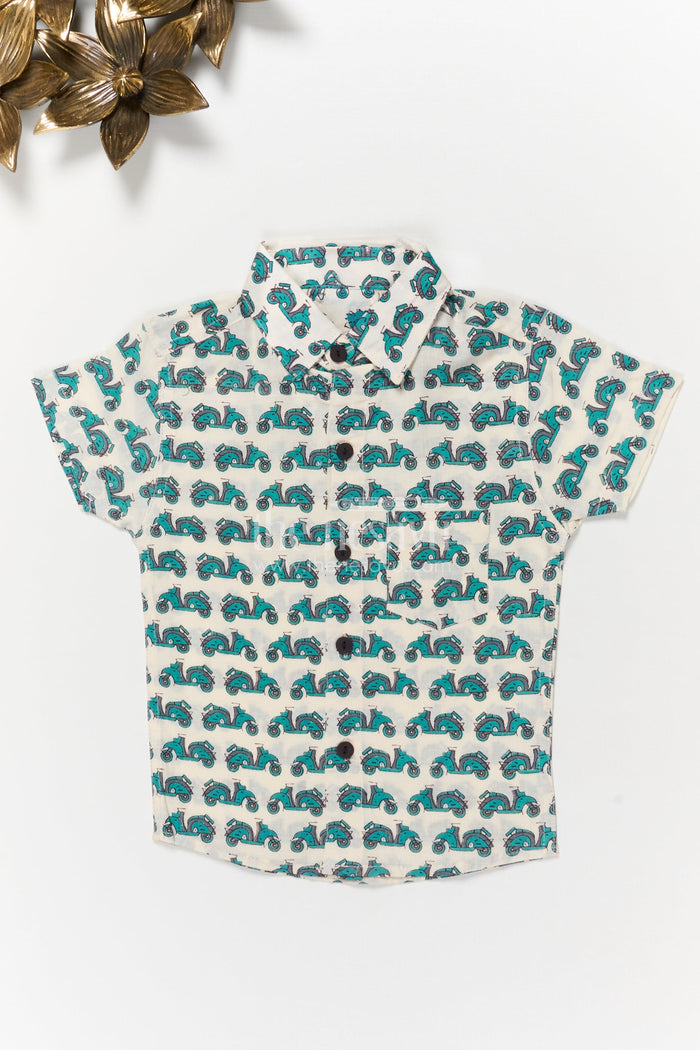 The Nesavu Boys Cotton Shirt Boys Cotton Scooter Print Shirt for Fun Casual Wear Nesavu 20 (3Y) / Green BS385A-20 Nesavu boys cotton shirt with scooter digital print – fun casual shirt for everyday dressing