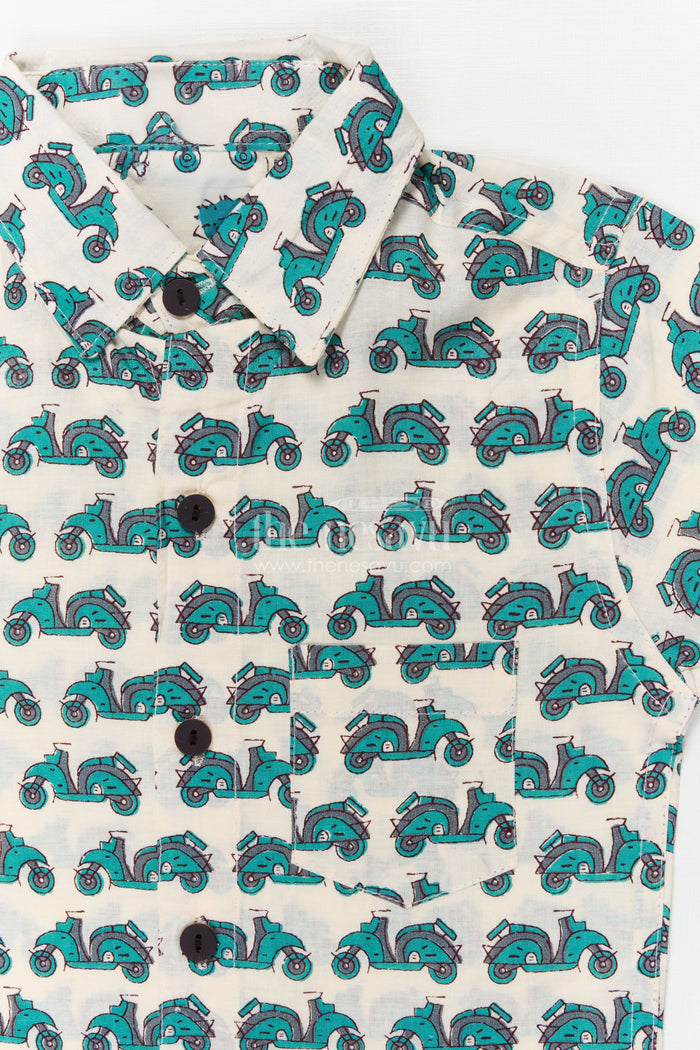 The Nesavu Boys Cotton Shirt Boys Cotton Scooter Print Shirt for Fun Casual Wear Nesavu Nesavu boys cotton shirt with scooter digital print – fun casual shirt for everyday dressing