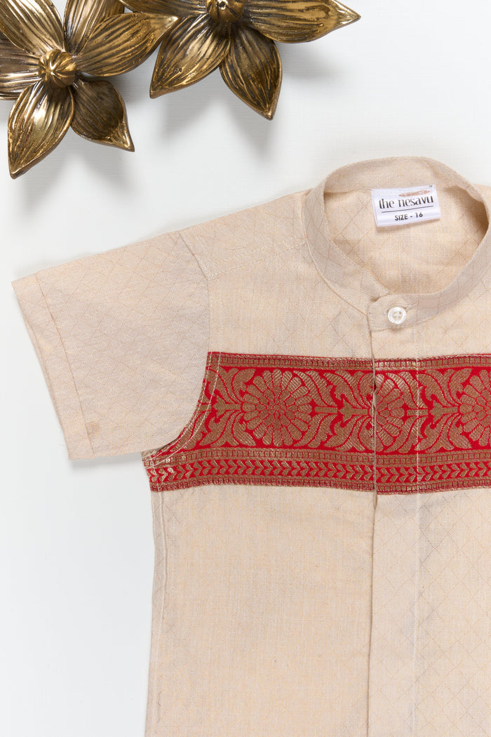 The Nesavu Boys Silk Shirt Boys Traditional Silk Shirt with Banarasi Border for Ethnic Events Nesavu Nesavu boys gold cotton tissue silk shirt with Banarasi border for Diwali and traditional wear