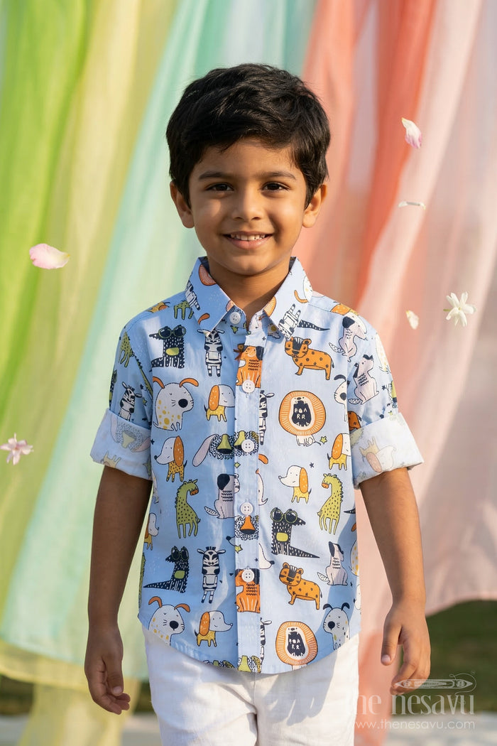 The Nesavu Boys Cotton Shirt Boys Cotton Shirt for Casual Outings and Playtime Nesavu 14 (6M) / Blue / Cotton BS425A-14 Nesavu boys cotton shirt with playful animal digital print casual outfit for kids everyday wear