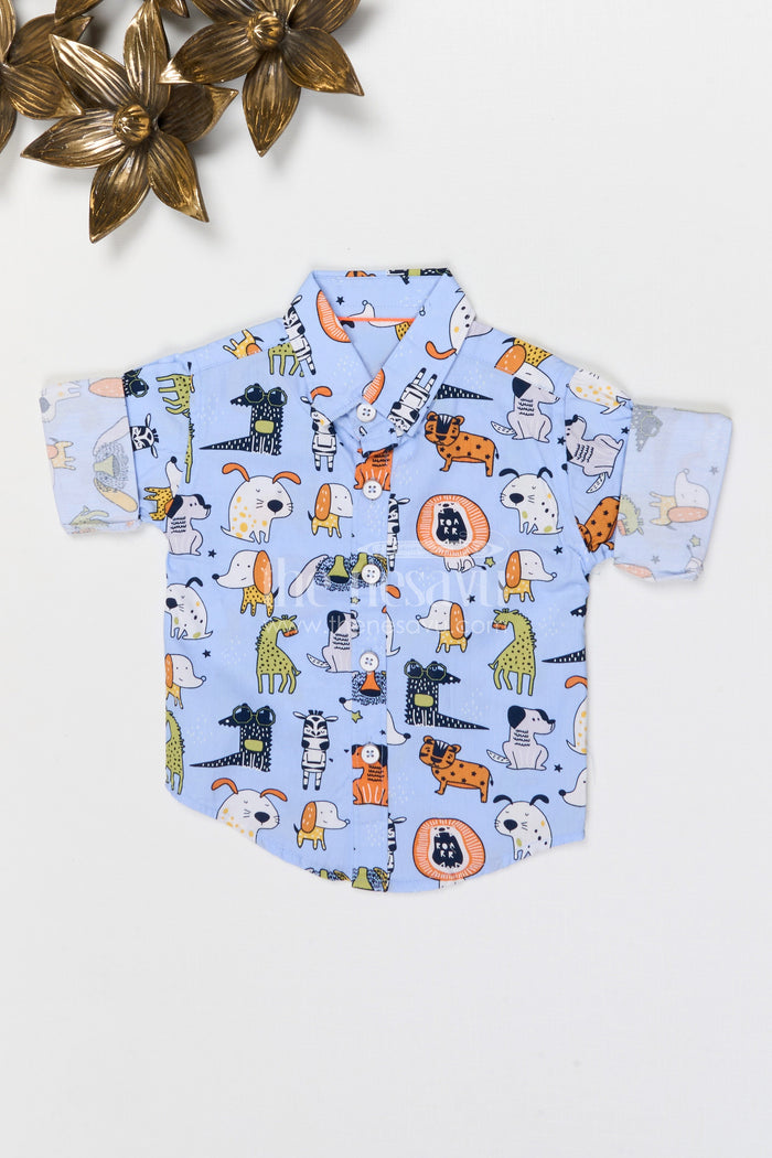 The Nesavu Boys Cotton Shirt Boys Cotton Shirt for Casual Outings and Playtime Nesavu 14 (6M) / Blue / Cotton BS425A-14 Nesavu boys cotton shirt with playful animal digital print casual outfit for kids everyday wear