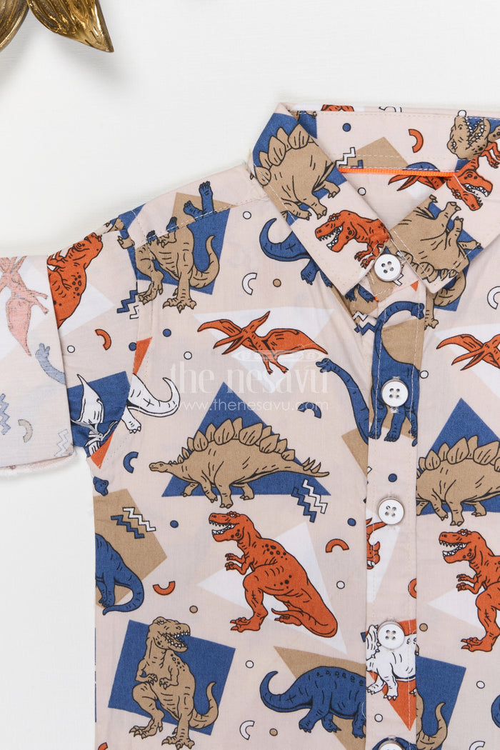 The Nesavu Boys Cotton Shirt Boys Cotton Shirt for Casual Playtime and Outings with Dinosaur Print Nesavu Nesavu boys cotton dinosaur print shirt casual kids outfit for playtime and everyday wear