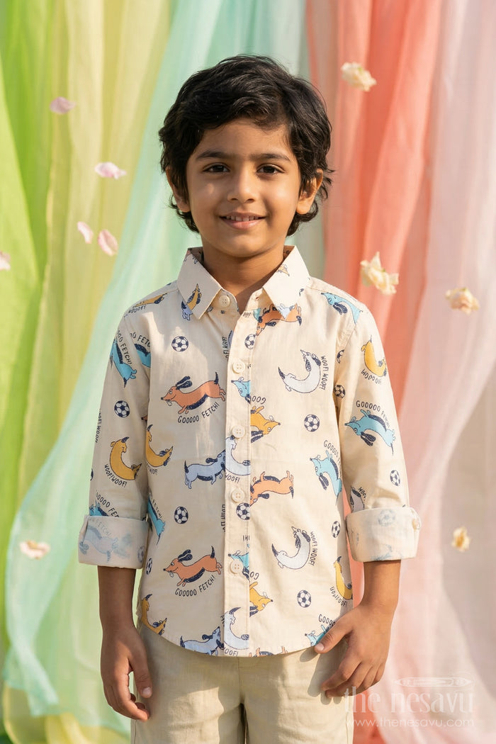 The Nesavu Boys Cotton Shirt Boys Cotton Shirt for Everyday Outings and Playtime Nesavu 14 (6M) / Cream / Cotton BS426A-14 Nesavu boys cotton shirt with animal digital print casual everyday kids outfit