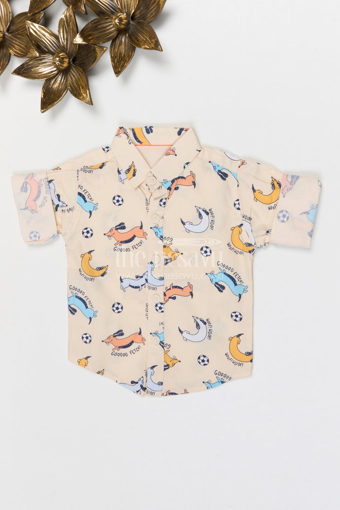 The Nesavu Boys Cotton Shirt Boys Cotton Shirt for Everyday Outings and Playtime Nesavu 14 (6M) / Cream / Cotton BS426A-14 Nesavu boys cotton shirt with animal digital print casual everyday kids outfit