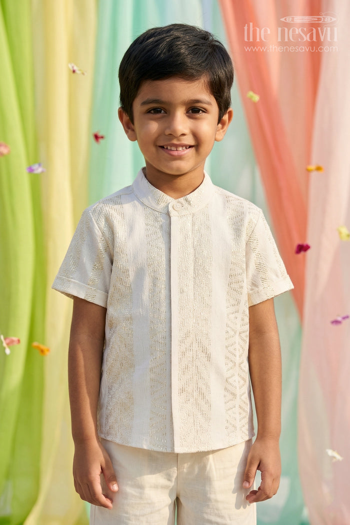 The Nesavu Boys Cotton Shirt Boys Cotton Shirt for Festive Occasions and Traditional Wear Nesavu 14 (6M) / Half white / Cotton BS446A-14 Nesavu Boys Cotton Shirt With Zari Design For Festive Occasions And Traditional Wear With Breathable Fabric