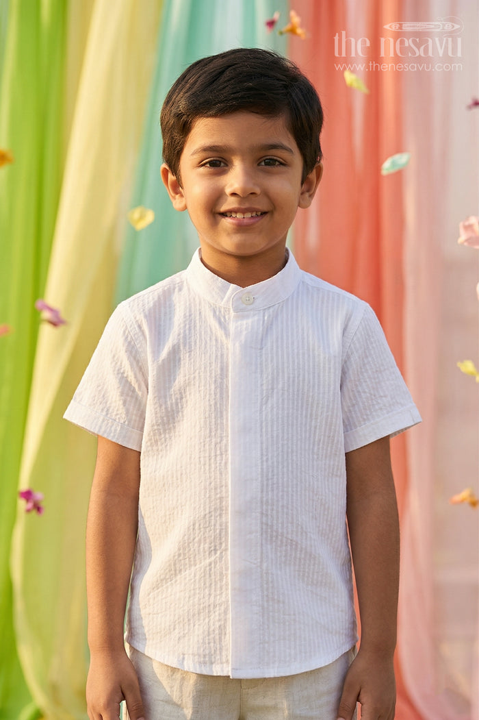 The Nesavu Boys Cotton Shirt Boys Cotton Shirt for Summer Outings and Lightweight Comfort Nesavu 14 (6M) / White / Seer Sucker BS455A-14 Nesavu Boys Seersucker Cotton Shirt For Summer Outings And Daily Wear With Lightweight Breathable Fabric