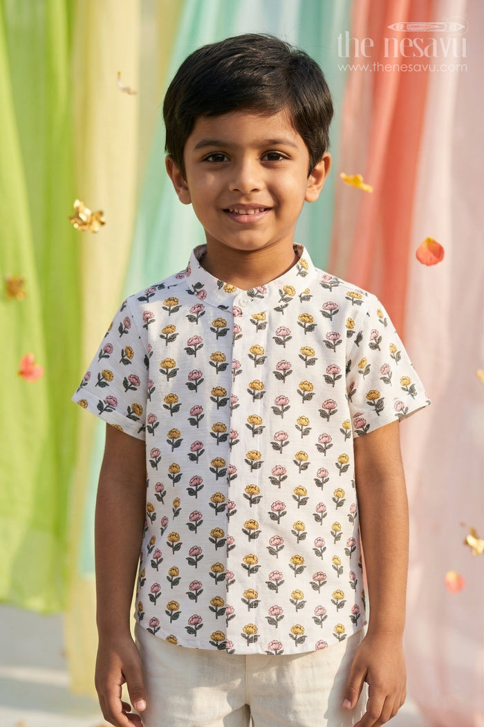 The Nesavu Boys Cotton Shirt Boys Cotton Shirt for Summer Wear and Playful Outings Nesavu 14 (6M) / White / Cotton BS469A-14 Nesavu Boys Cotton Floral Printed Shirt For Summer Wear And Casual Outings With Breathable Lightweight Fabric