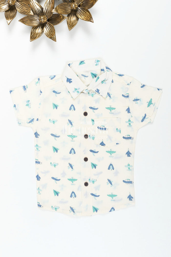 The Nesavu Boys Cotton Shirt Boys cotton shirt with airplane print for travel-themed birthdays Nesavu 20 (3Y) / Blue BS325A-20 Nesavu boys cotton shirt airplane paper plane print  perfect travel-themed birthday parties