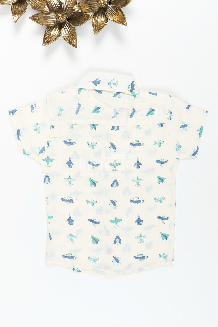 The Nesavu Boys Cotton Shirt Boys cotton shirt with airplane print for travel-themed birthdays Nesavu Nesavu boys cotton shirt airplane paper plane print  perfect travel-themed birthday parties