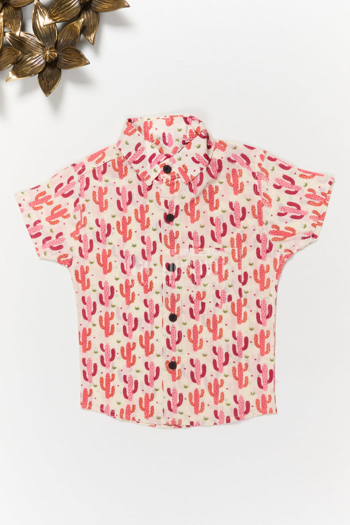The Nesavu Boys Cotton Shirt Boys Cotton Shirt with Cactus Print for Playful Casual Wear Nesavu 20 (3Y) / Pink BS386A-20 Nesavu boys cotton shirt with cactus digital print – breathable casual outfit for playful days
