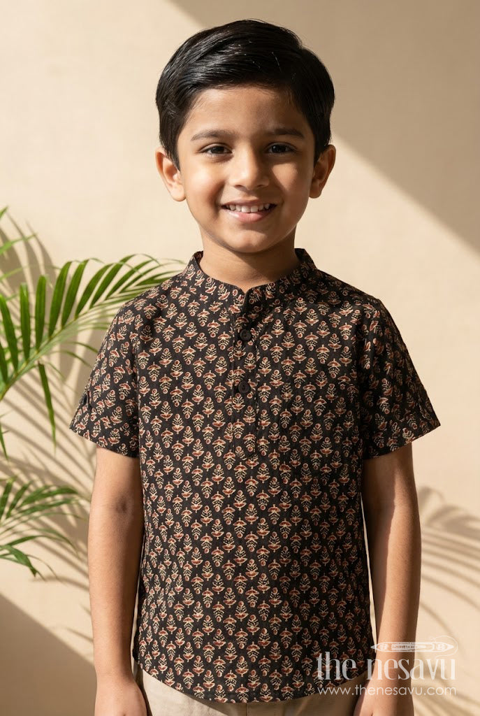 The Nesavu Boys Cotton Shirt Boys Cotton Shirt with Digital Print for Casual Ethnic Styling Nesavu 20 (3Y) / Brown BS381A-20 Nesavu boys cotton printed shirt for casual ethnic looks – breathable and versatile styling