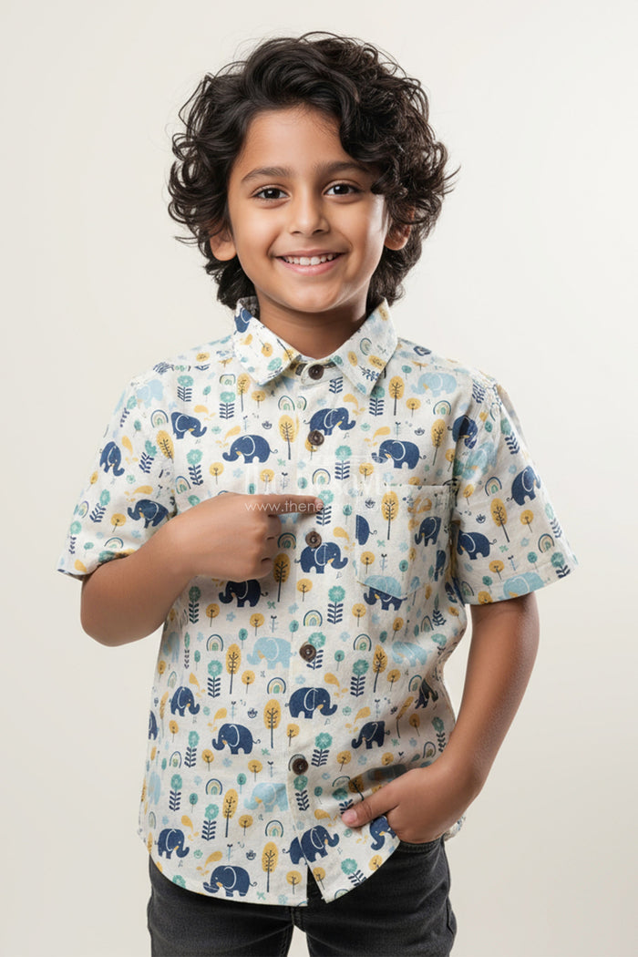 The Nesavu Boys Cotton Shirt Boys Cotton Shirt with Jungle Elephant Print for Playful Festive Wear Nesavu 20 (3Y) / Multicolor BS321A-20 Nesavu boys cotton shirt forest elephant print  playful comfy festive casual wear