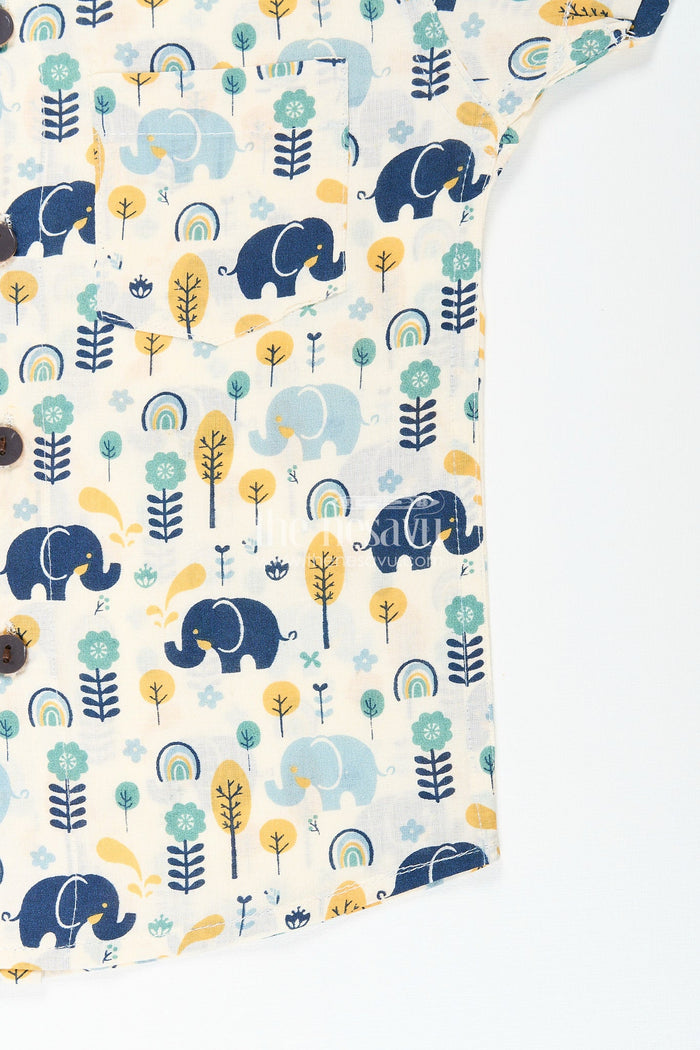 The Nesavu Boys Cotton Shirt Boys cotton shirt with jungle elephant print for playful festive wear Nesavu Nesavu boys cotton shirt forest elephant print  playful comfy festive casual wear