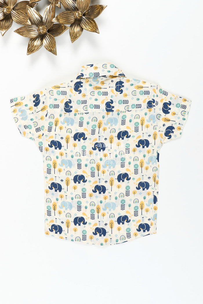 The Nesavu Boys Cotton Shirt Boys cotton shirt with jungle elephant print for playful festive wear Nesavu Nesavu boys cotton shirt forest elephant print  playful comfy festive casual wear