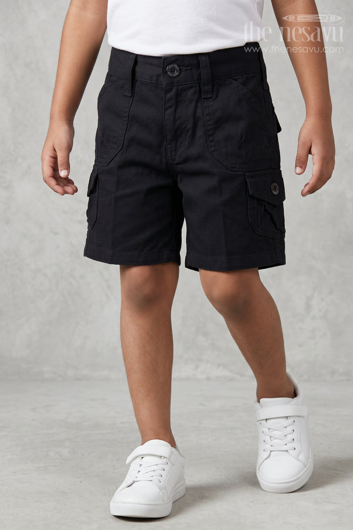 The Nesavu Boys Shorts Boys Cotton Shorts for Rough Play and School Routines Nesavu 16 (1Y) / Black / Cotton BWS009G-16 Nesavu boys cargo cotton shorts with badge detail – ideal for school and outdoor fun