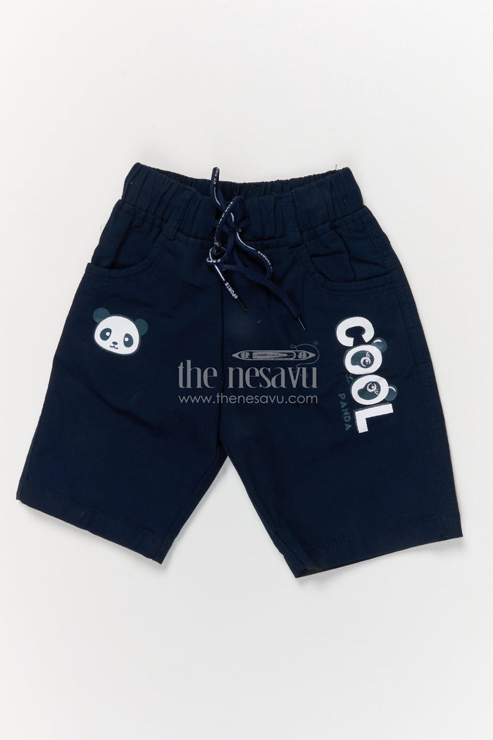 The Nesavu Boys Shorts Boys Cotton Shorts with Panda Print and Playful Cool Text Nesavu 14 (6M) / Blue / Cotton BWS070A-14 Boys cotton shorts with panda print and COOL graphic