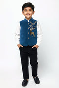 The Nesavu Boys Jacket Sets Boys Cotton Velvet Jacket Set for Weddings and Traditional Events Nesavu 16 (1Y) / Blue BES914A-16 Nesavu boys cotton velvet jacket set deer motif festive events ceremonies