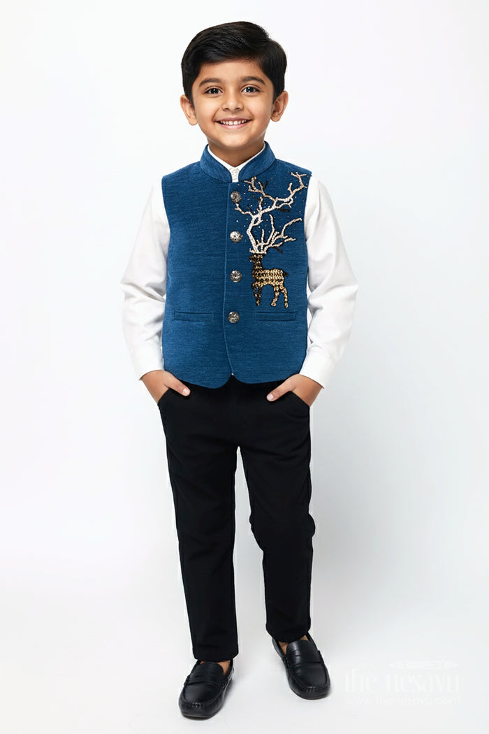 The Nesavu Boys Jacket Sets Boys Cotton Velvet Jacket Set for Weddings and Traditional Events Nesavu 16 (1Y) / Blue BES914A-16 Nesavu boys cotton velvet jacket set deer motif festive events ceremonies