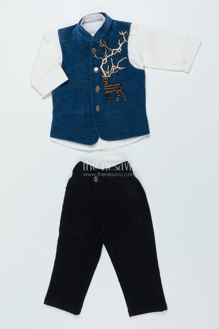 The Nesavu Boys Jacket Sets Boys Cotton Velvet Jacket Set for Weddings and Traditional Events Nesavu Nesavu boys cotton velvet jacket set deer motif festive events ceremonies