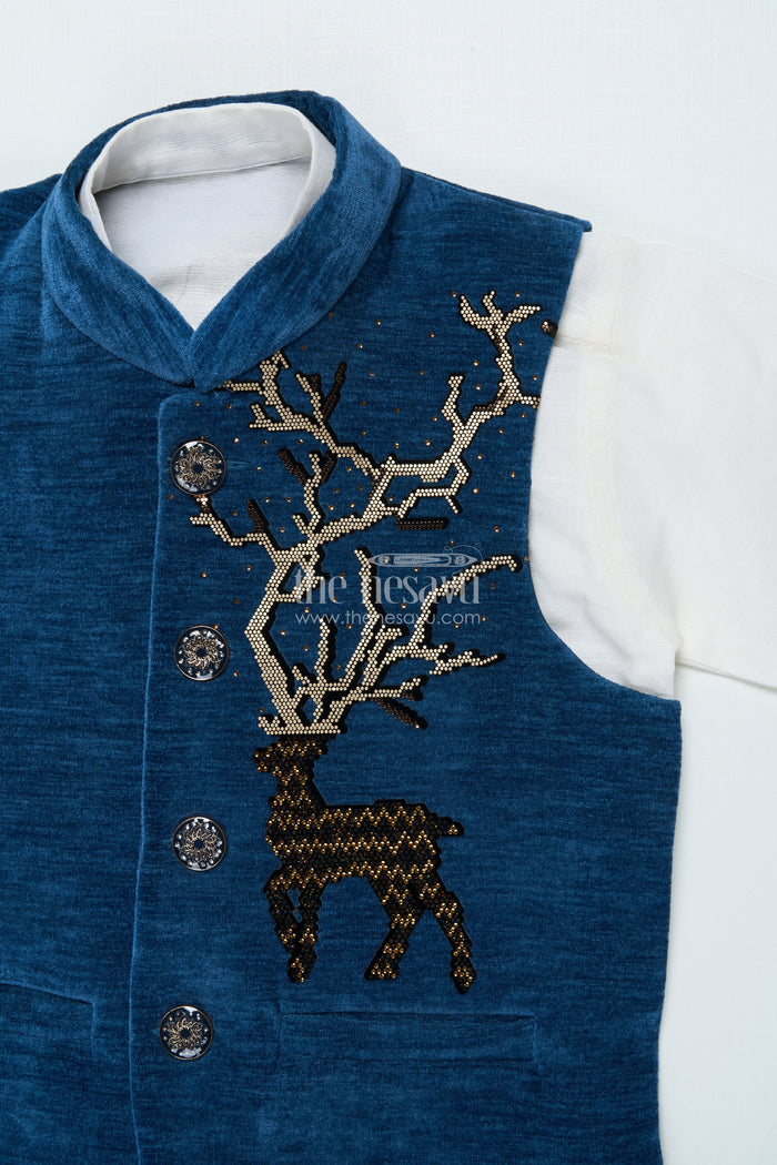 The Nesavu Boys Jacket Sets Boys Cotton Velvet Jacket Set for Weddings and Traditional Events Nesavu Nesavu boys cotton velvet jacket set deer motif festive events ceremonies
