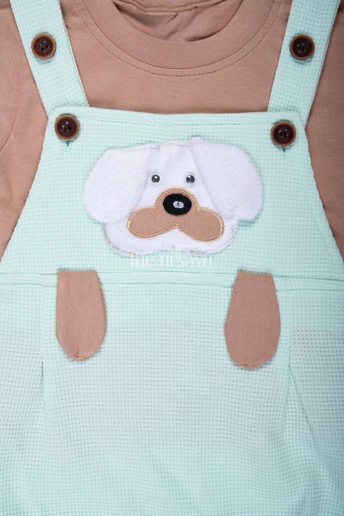 The Nesavu Boys Casual Set Boys Cotton Waffle Knit Batch Design Set with Dog Embellishment and Mint Green Overalls for Daily Wear Nesavu Nesavu Boys Cotton Waffle Knit Batch Design Set Mint Green Overalls Dog Patch Embellishment