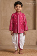 The Nesavu Boys Dothi Set Boys Dhoti Set for Ethnic Day and Festive School Functions Nesavu 14 (6M) / Pink / Viscose BES1006C-14 Nesavu Boys Dhoti Set For Ethnic Day And Festive Wear With Digital Print Top And Comfortable Fit