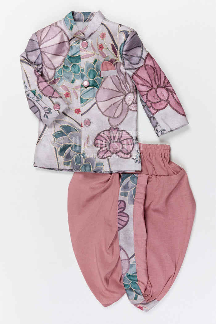 The Nesavu Boys Dothi Set Boys Dhoti Set for Festive Celebrations and Traditional Ceremonies Nesavu Nesavu boys viscose blend silk dhoti set with digital print jacket for festive celebrations