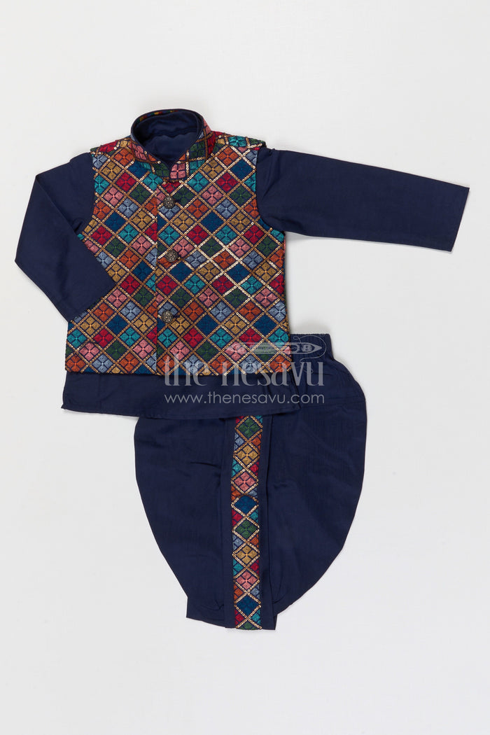 The Nesavu Boys Dothi Set Boys Dhoti Set for Festive Occasions and Traditional Functions Nesavu 12 (3M) / Blue / Cotton Silk BES951A-12 Nesavu boys silk cotton dhoti set with embroidered jacket for festive occasions