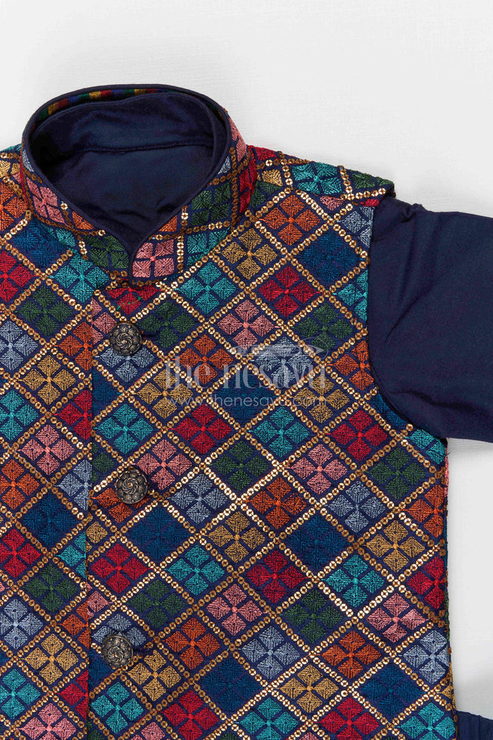 The Nesavu Boys Dothi Set Boys Dhoti Set for Festive Occasions and Traditional Functions Nesavu Nesavu boys silk cotton dhoti set with embroidered jacket for festive occasions