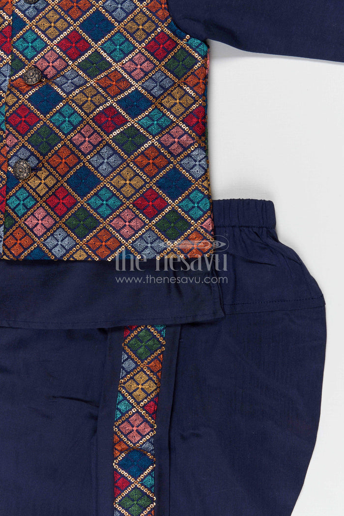 The Nesavu Boys Dothi Set Boys Dhoti Set for Festive Occasions and Traditional Functions Nesavu Nesavu boys silk cotton dhoti set with embroidered jacket for festive occasions