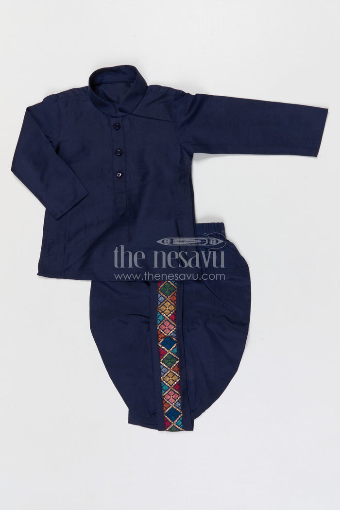 The Nesavu Boys Dothi Set Boys Dhoti Set for Festive Occasions and Traditional Functions Nesavu Nesavu boys silk cotton dhoti set with embroidered jacket for festive occasions