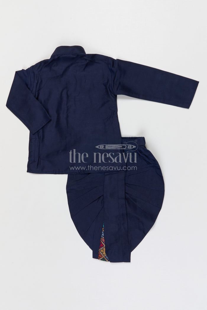 The Nesavu Boys Dothi Set Boys Dhoti Set for Festive Occasions and Traditional Functions Nesavu Nesavu boys silk cotton dhoti set with embroidered jacket for festive occasions