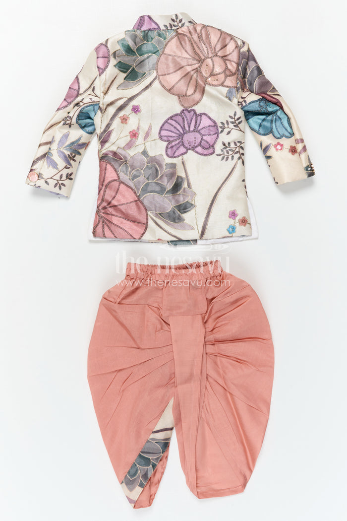 The Nesavu Boys Dothi Set Boys Dhoti Set for Festive Wear and Traditional Functions Nesavu Nesavu Boys Dhoti Set In Viscose Silk With Digital Print For Festive Wear And Traditional Functions In Cream