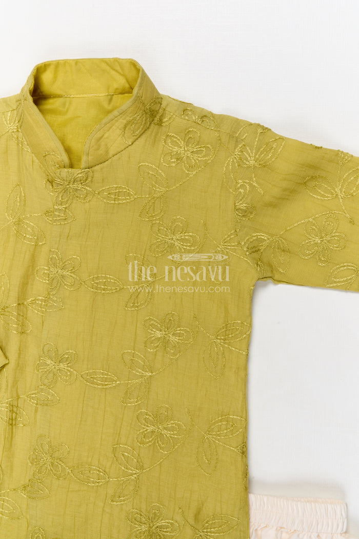 The Nesavu Boys Dothi Set Boys Dhoti Set for Traditional Functions and Festive Wear Nesavu Nesavu boys dhoti set for traditional and festive wear in green viscose blend silk